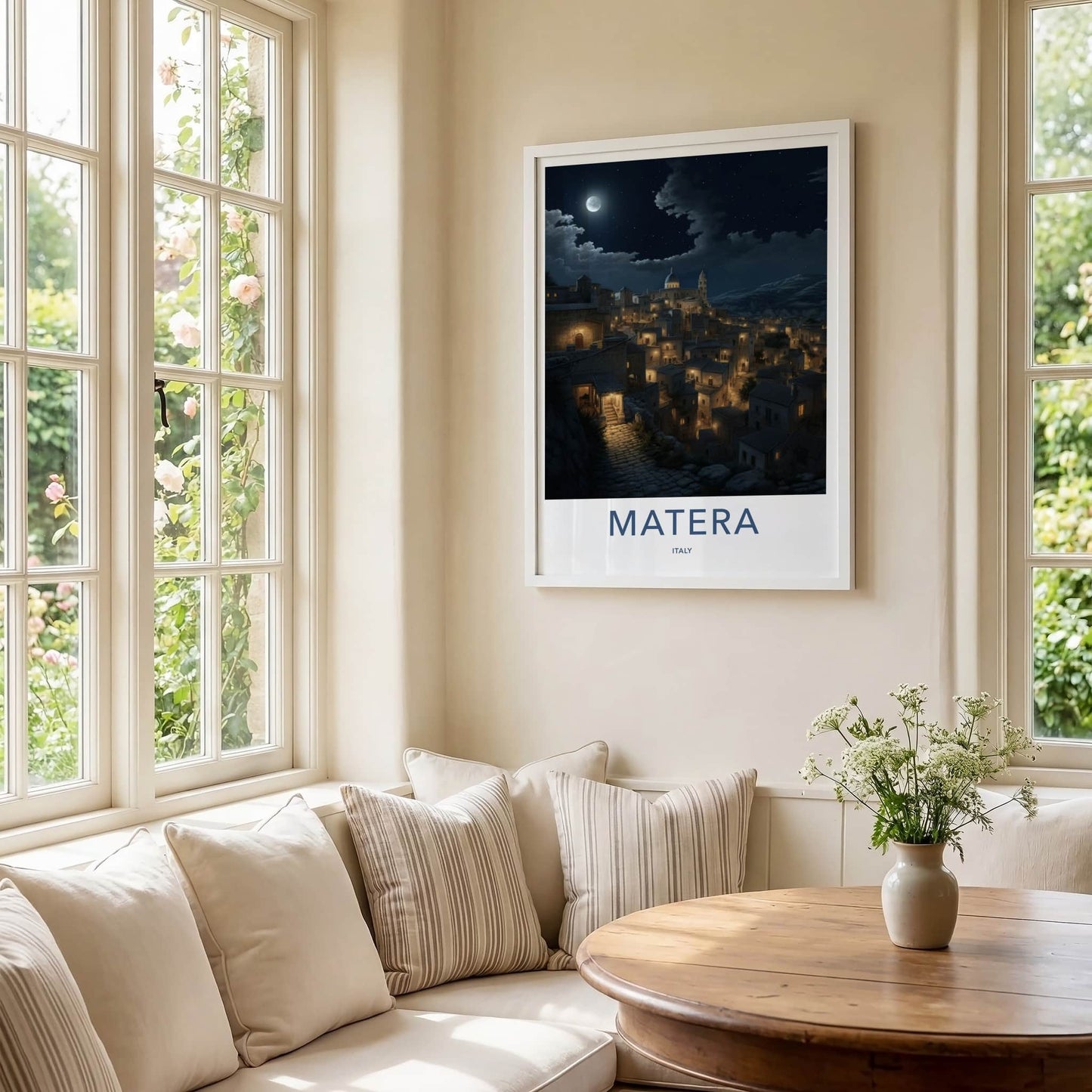 Matera Poster - Italy Travel Art - Moonlit Historic City Home Decor