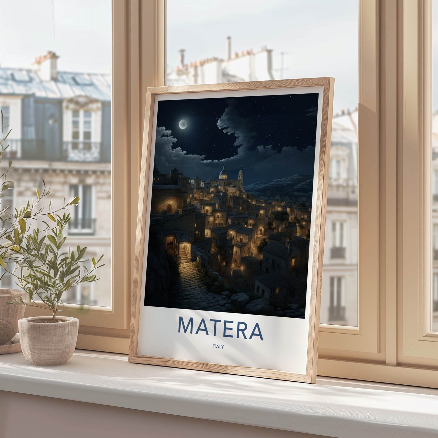 Matera Poster - Italy Travel Art - Moonlit Historic City Home Decor