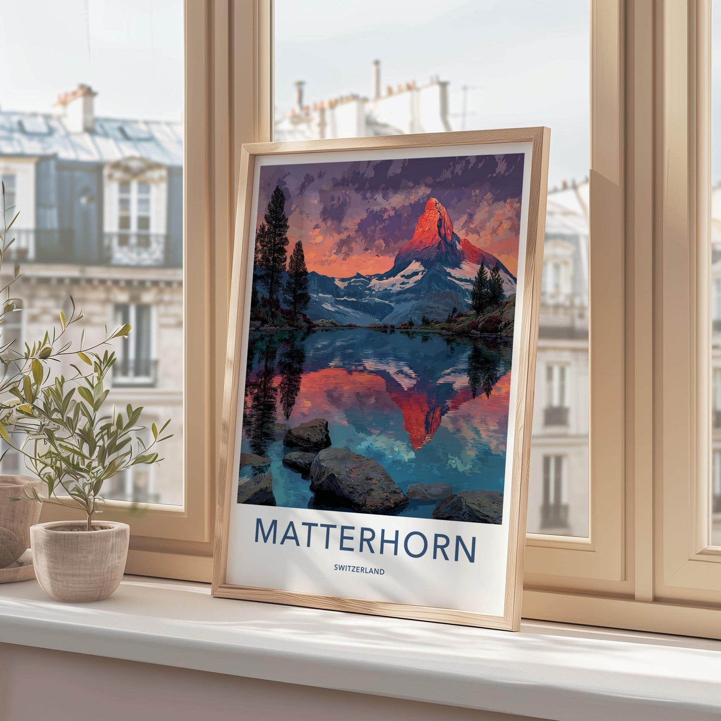 Matterhorn Poster - Switzerland Travel Art - Alpenglow Lake Reflection Home Decor
