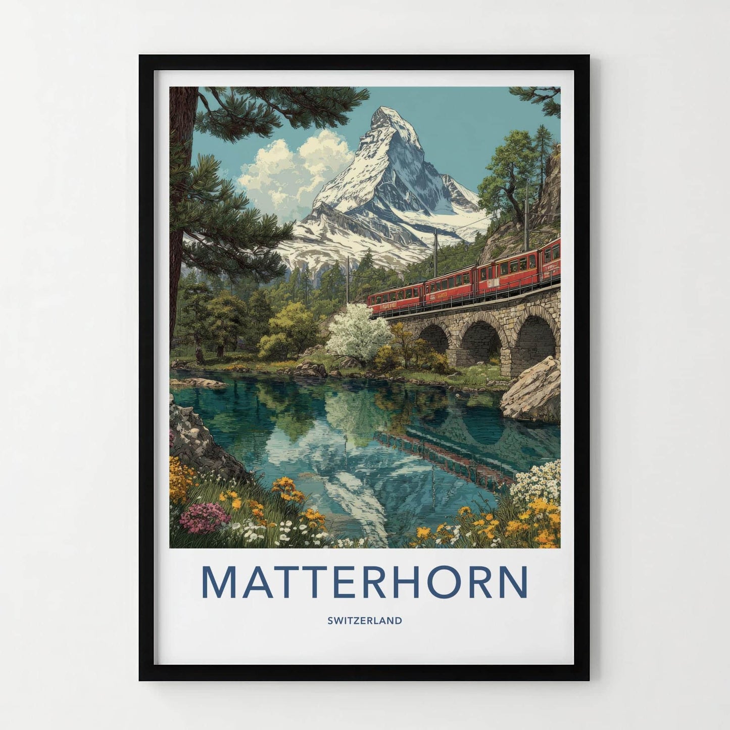 Matterhorn Poster - Switzerland Travel Art - Alpine Lake Train Wall Decor