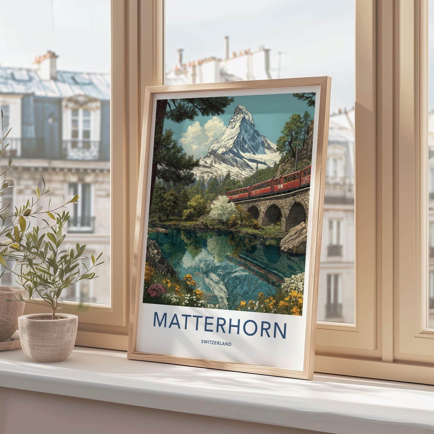 Matterhorn Poster - Switzerland Travel Art - Alpine Lake Train Wall Decor
