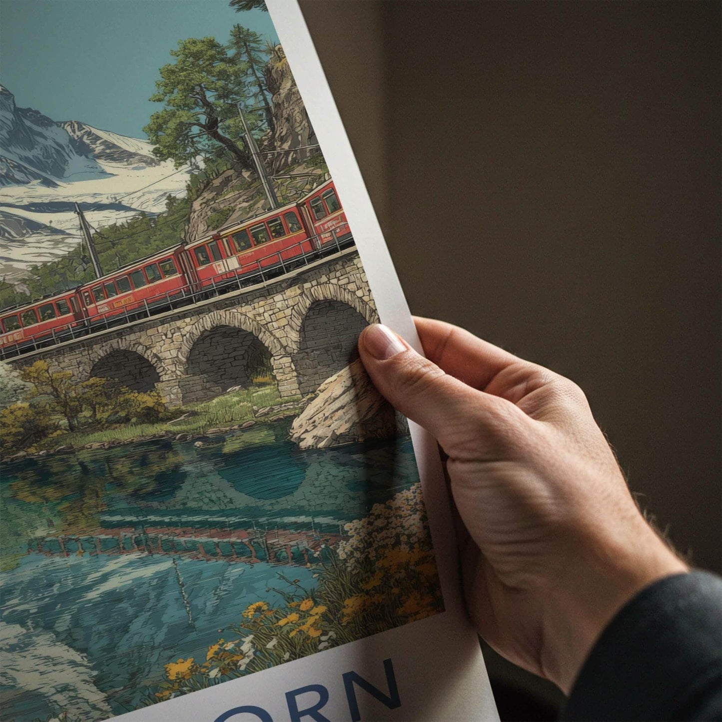 Matterhorn Poster - Switzerland Travel Art - Alpine Lake Train Wall Decor