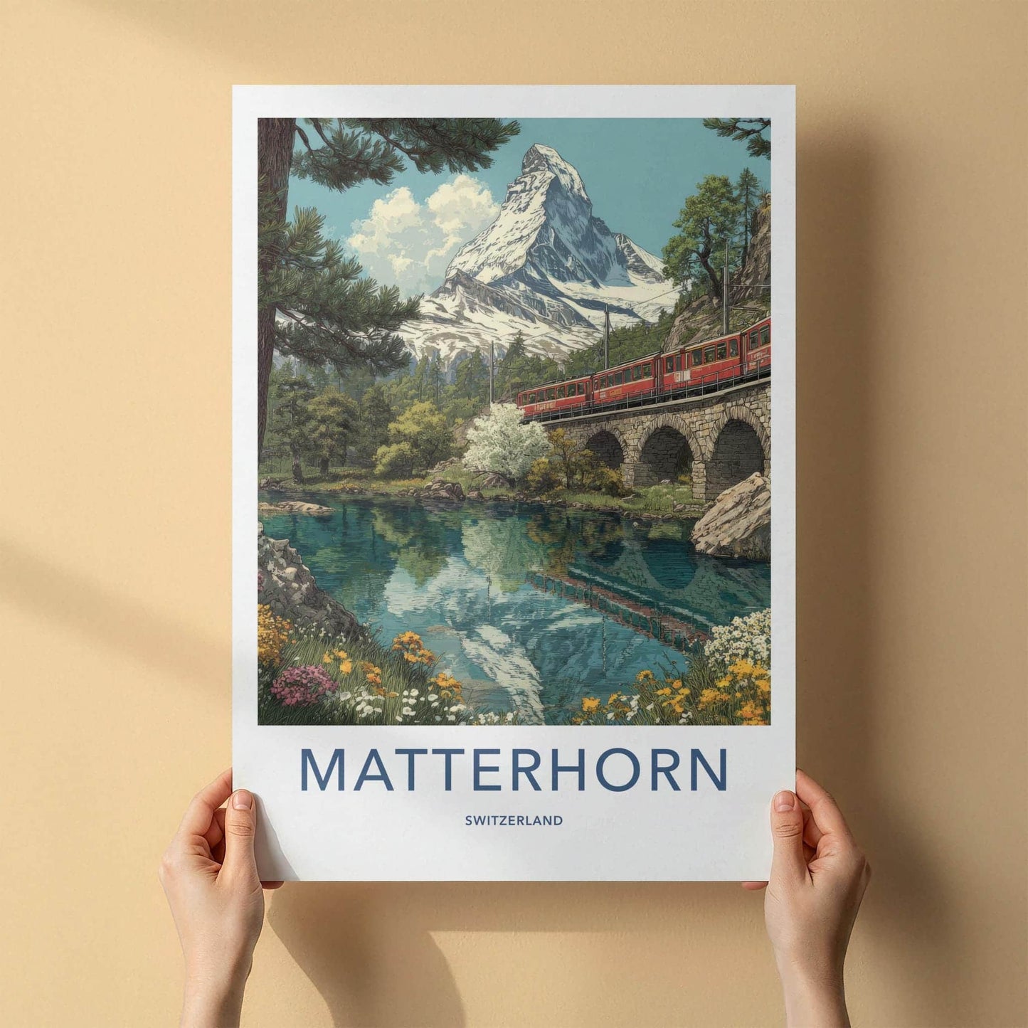 Matterhorn Poster - Switzerland Travel Art - Alpine Lake Train Wall Decor