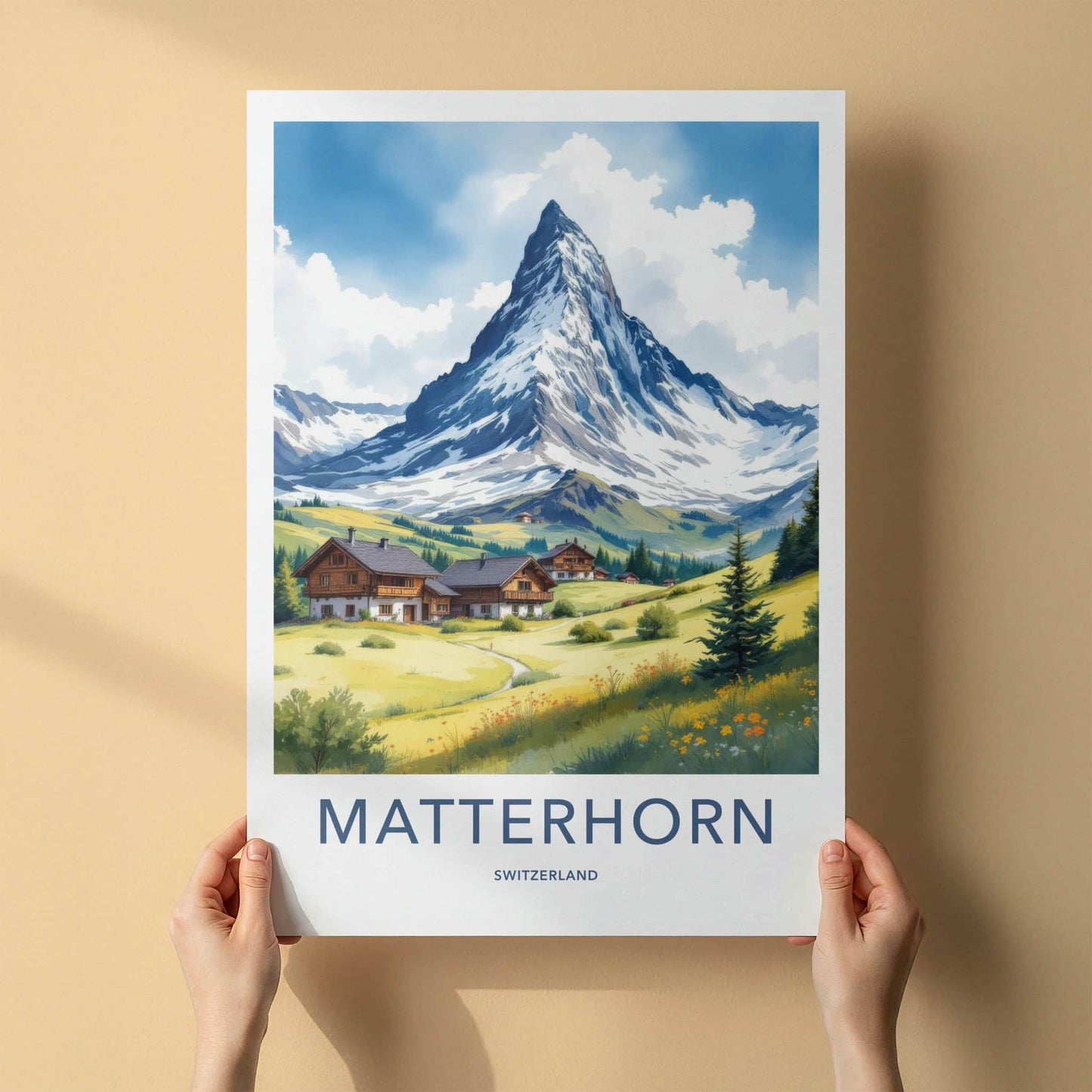 Matterhorn Poster - Switzerland Travel Art - Alpine Valley Houses Home Decor