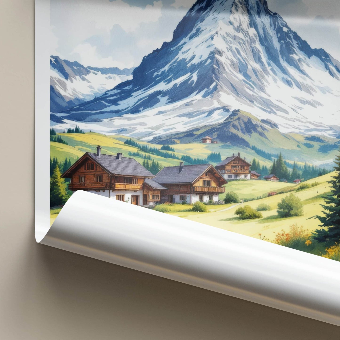 Matterhorn Poster - Switzerland Travel Art - Alpine Valley Houses Home Decor