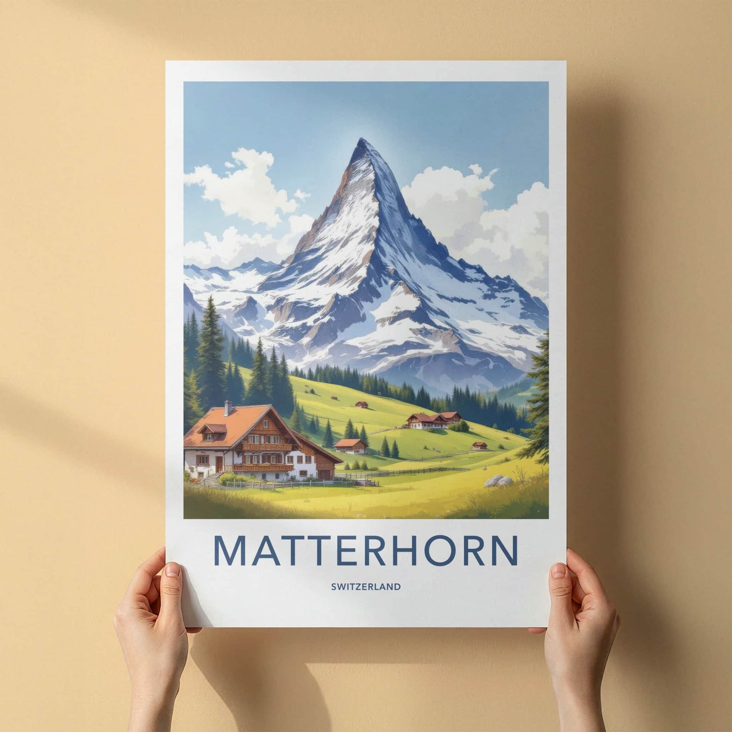 Matterhorn Poster - Switzerland Travel Art - Alpine Village Scene Home Decor