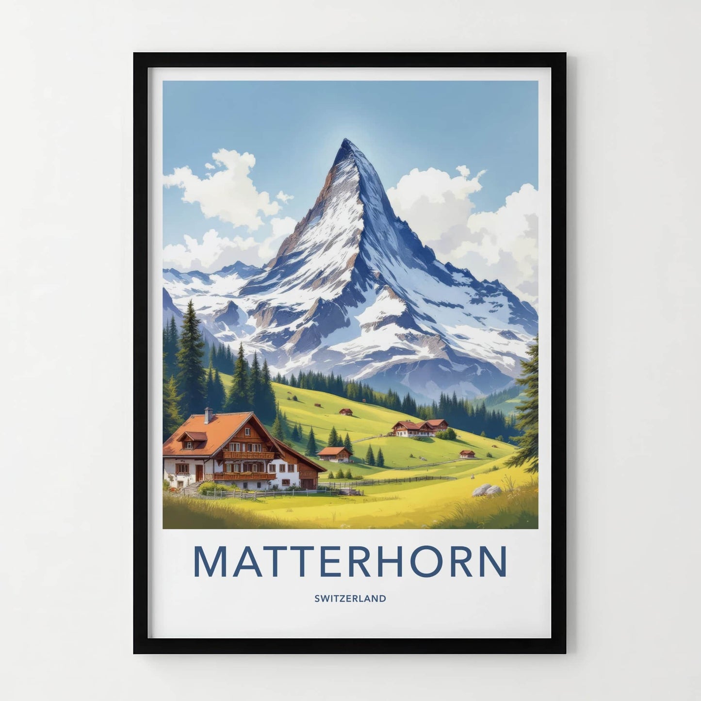 Matterhorn Poster - Switzerland Travel Art - Alpine Village Scene Home Decor