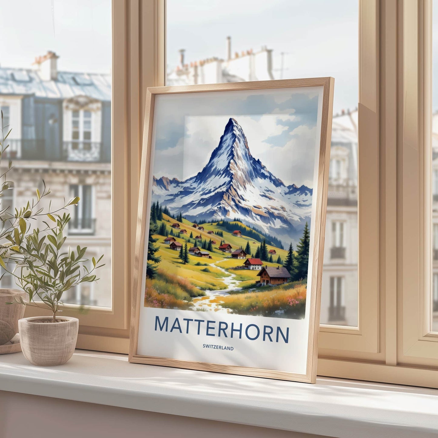 Matterhorn Poster - Switzerland Travel Art - Alpine Village Stream Home Decor