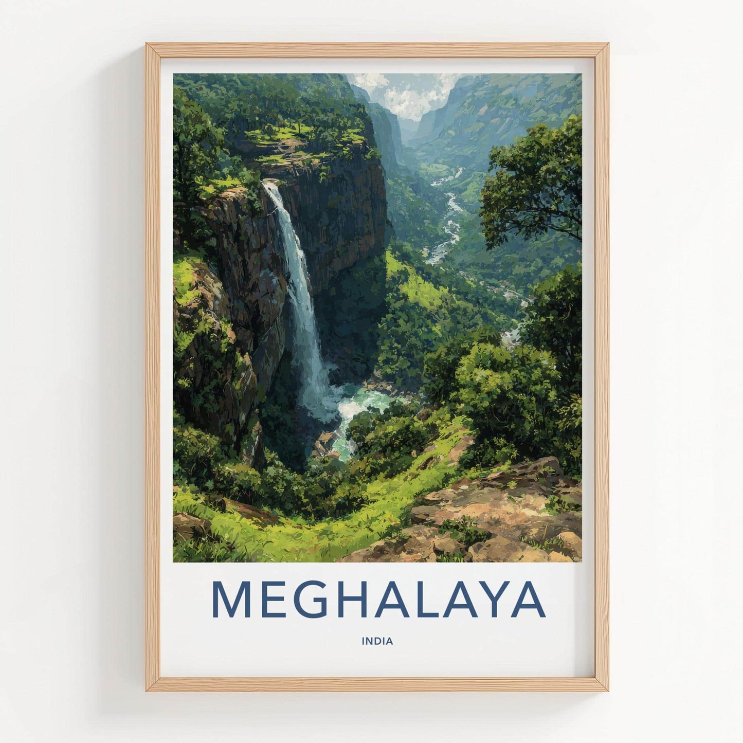 Meghalaya Poster - India Travel Art - Meghalaya Lush Valley Waterfall Home Decor