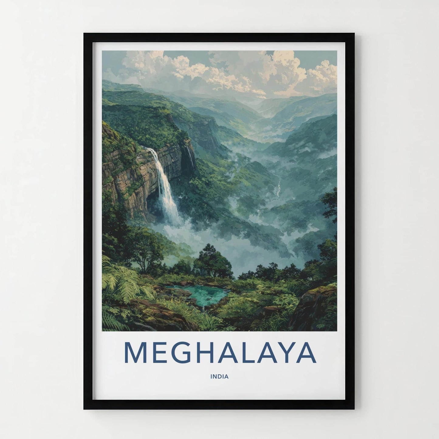 Meghalaya Poster - India Travel Art - Meghalaya Waterfall Valley Home Decor