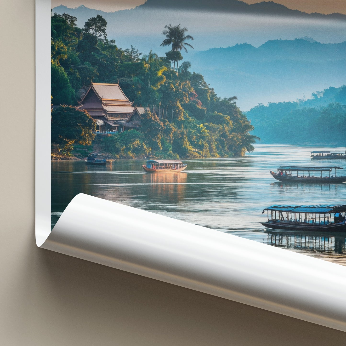 Mekong River Poster - Laos Travel Art - River Temple Boats Home Decor