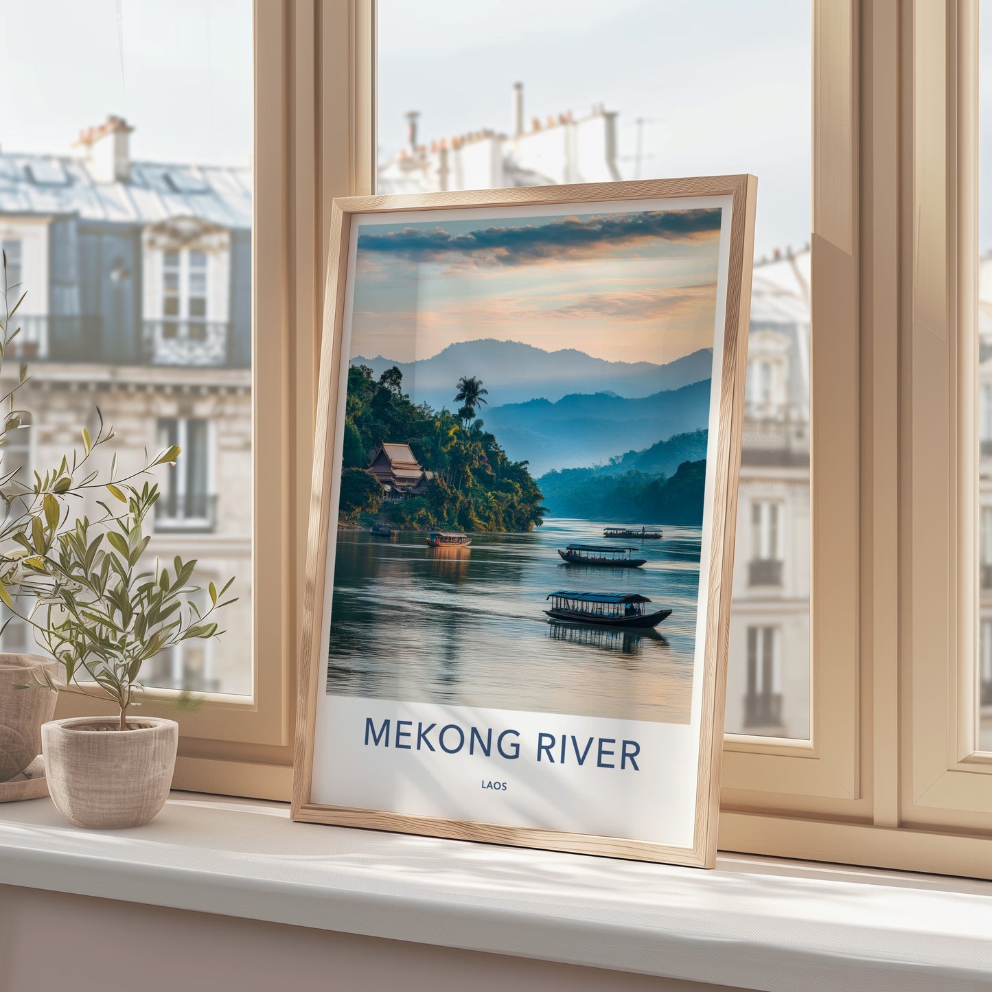 Mekong River Poster - Laos Travel Art - River Temple Boats Home Decor