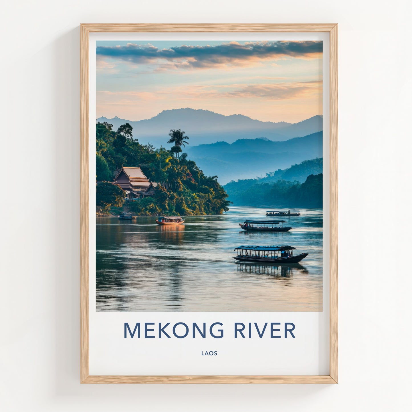 Mekong River Poster - Laos Travel Art - River Temple Boats Home Decor