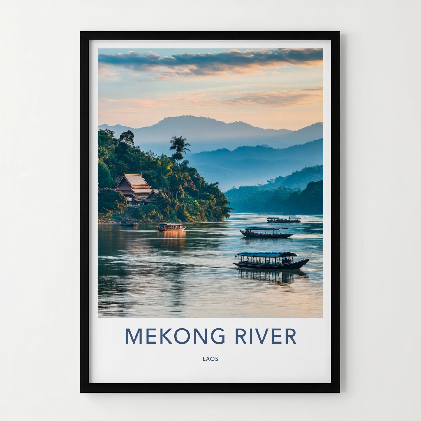 Mekong River Poster - Laos Travel Art - River Temple Boats Home Decor
