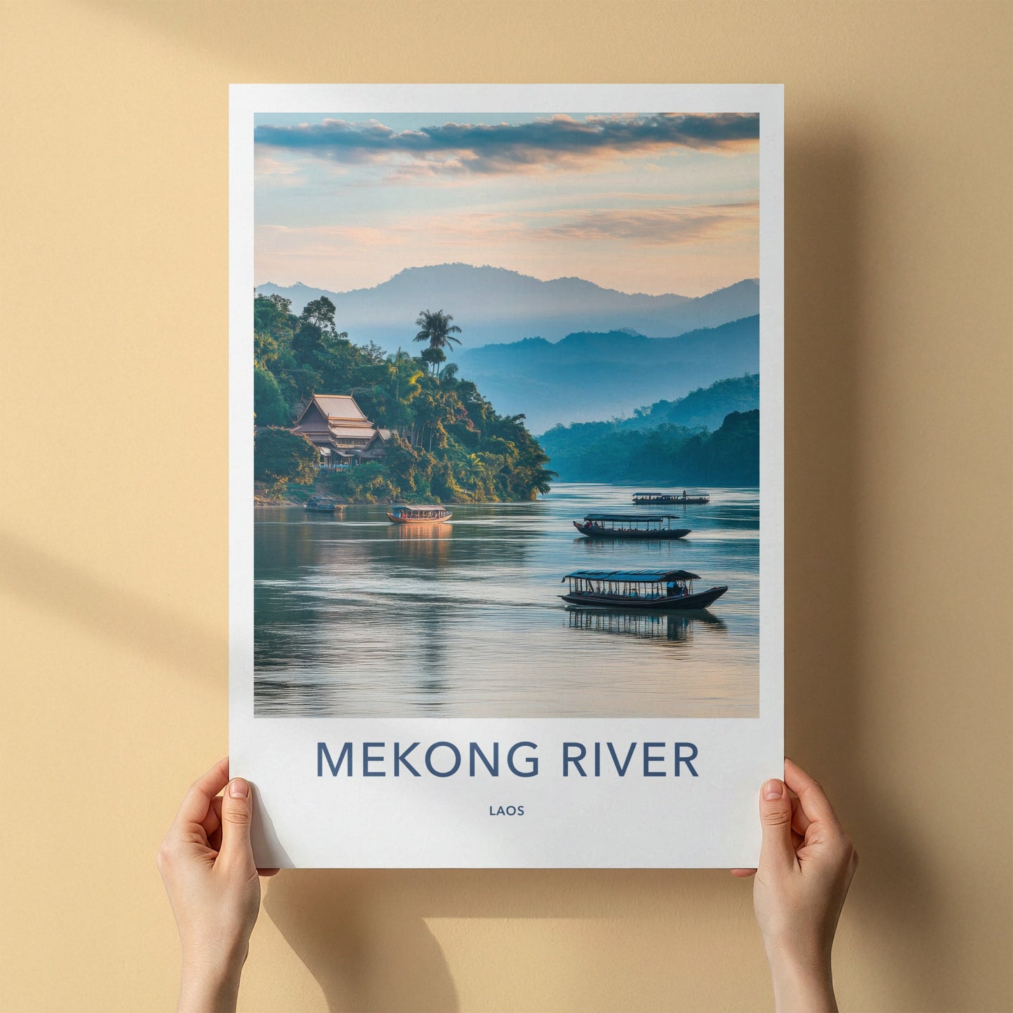 Mekong River Poster - Laos Travel Art - River Temple Boats Home Decor
