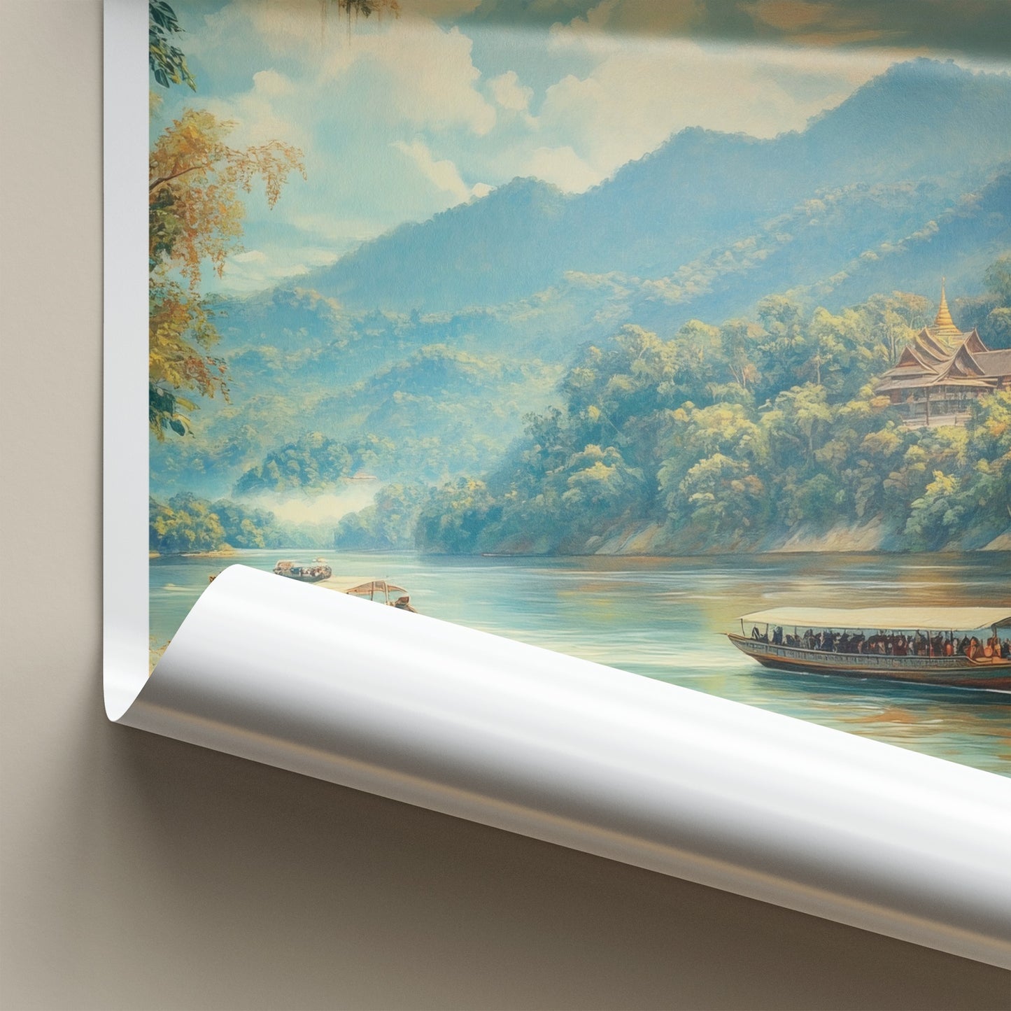 Mekong River Poster - Laos Travel Art - Temple Boats Mountains Home Decor