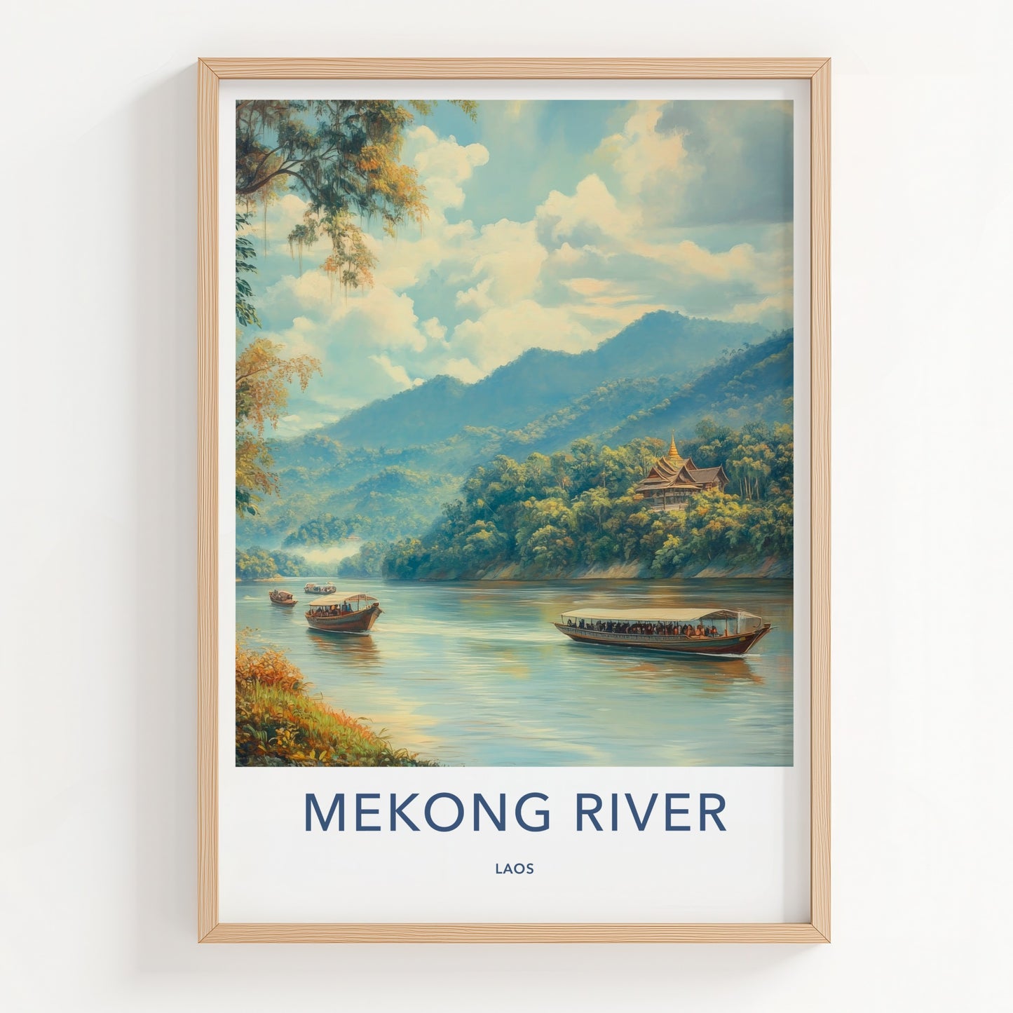 Mekong River Poster - Laos Travel Art - Temple Boats Mountains Home Decor