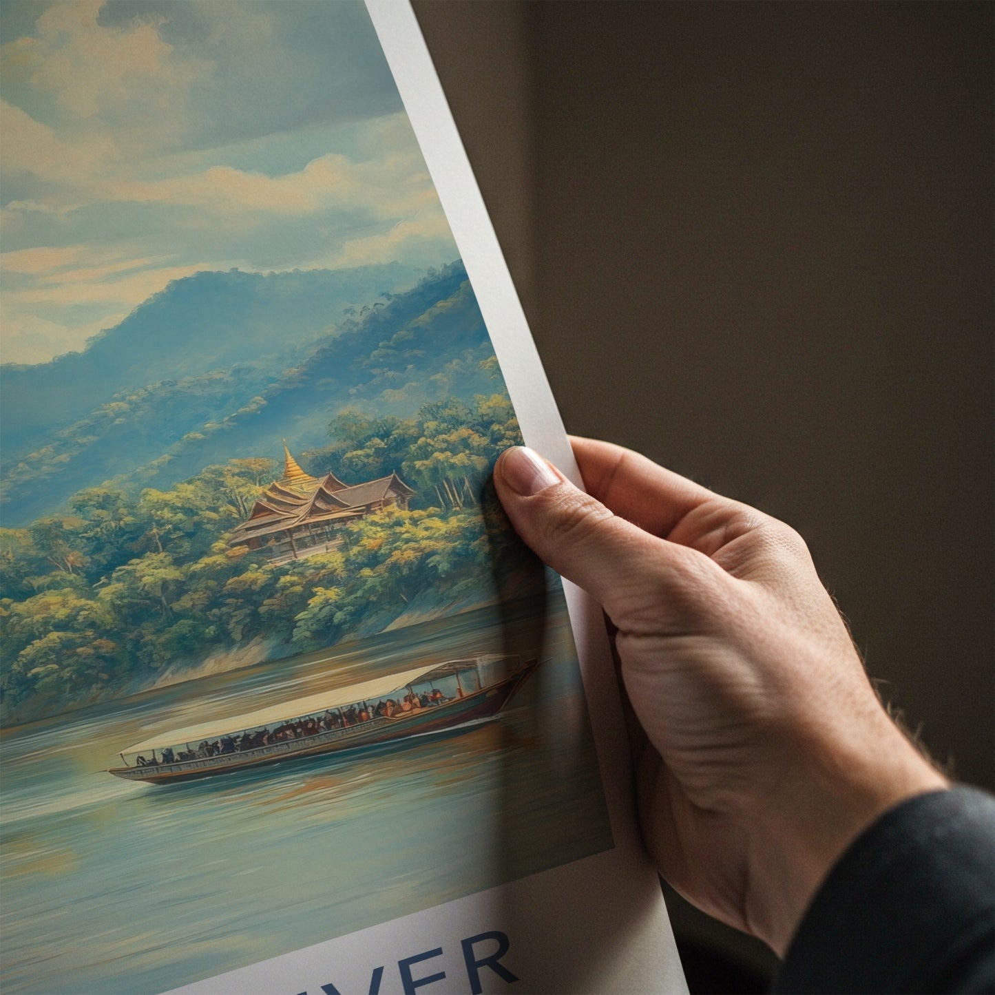 Mekong River Poster - Laos Travel Art - Temple Boats Mountains Home Decor