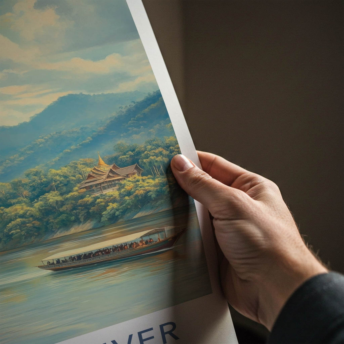 Mekong River Poster - Laos Travel Art - Temple Boats Mountains Home Decor