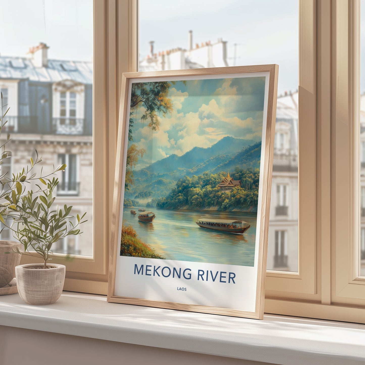 Mekong River Poster - Laos Travel Art - Temple Boats Mountains Home Decor