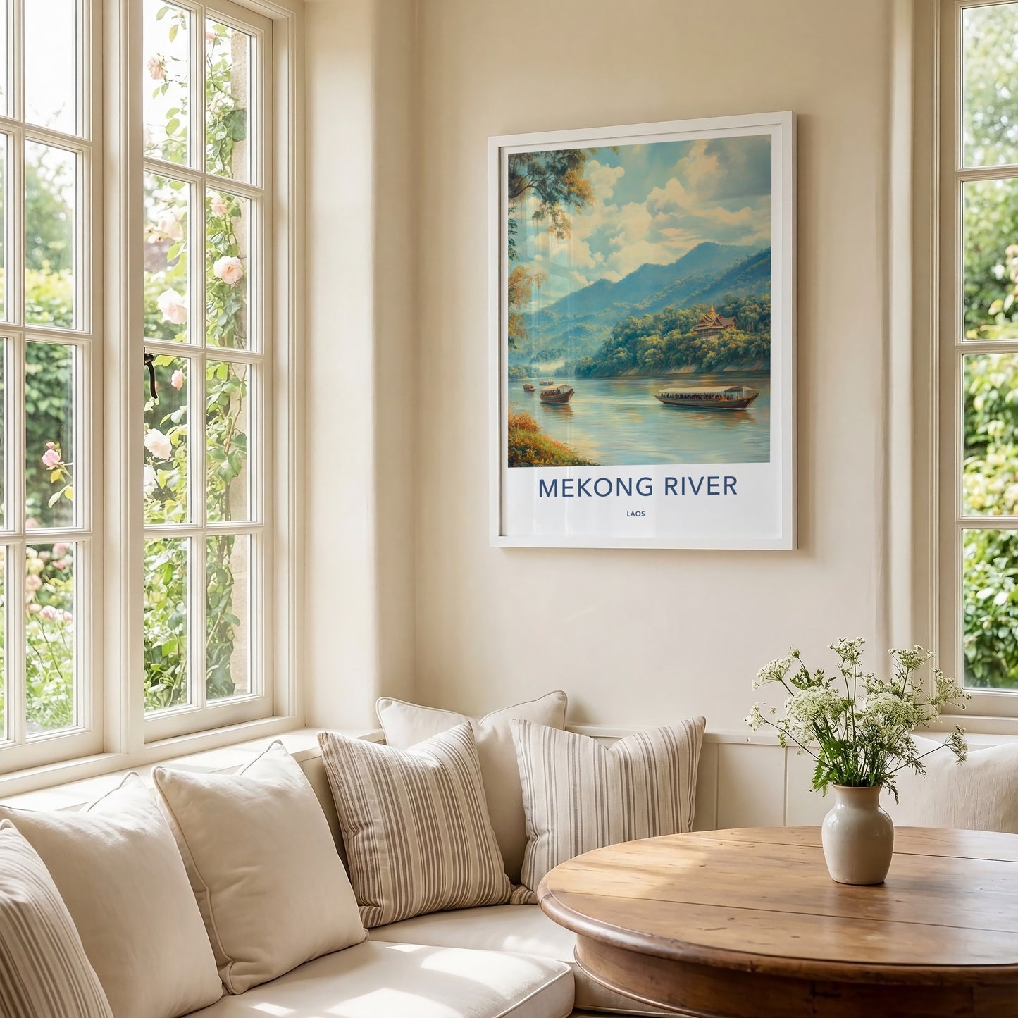 Mekong River Poster - Laos Travel Art - Temple Boats Mountains Home Decor