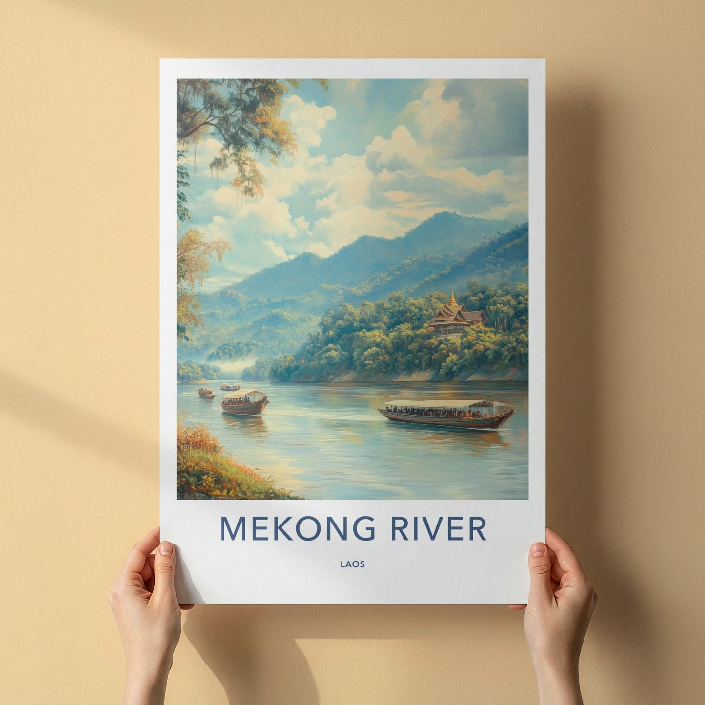Mekong River Poster - Laos Travel Art - Temple Boats Mountains Home Decor