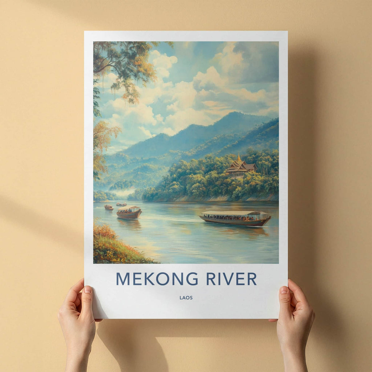 Mekong River Poster - Laos Travel Art - Temple Boats Mountains Home Decor
