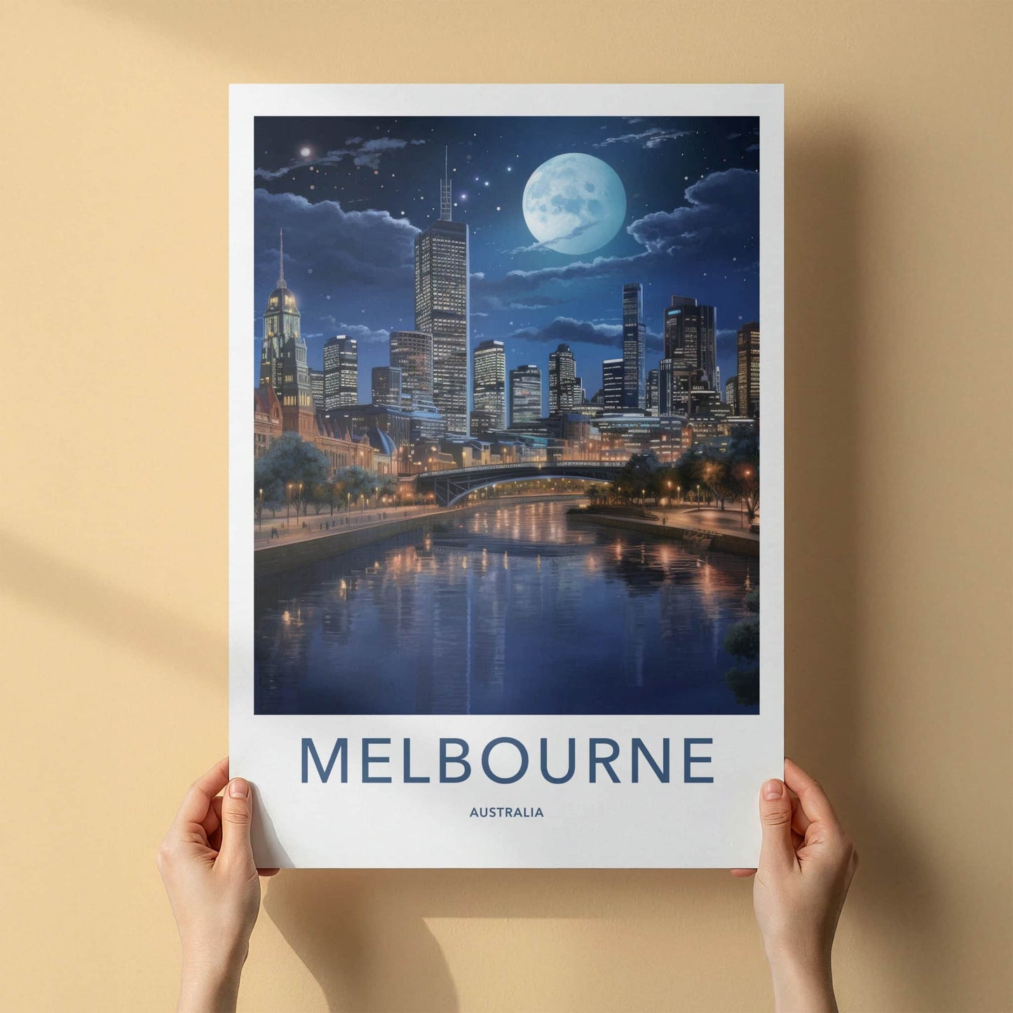 Melbourne Poster - Australia Art Print - Moonlit City River Home Decor