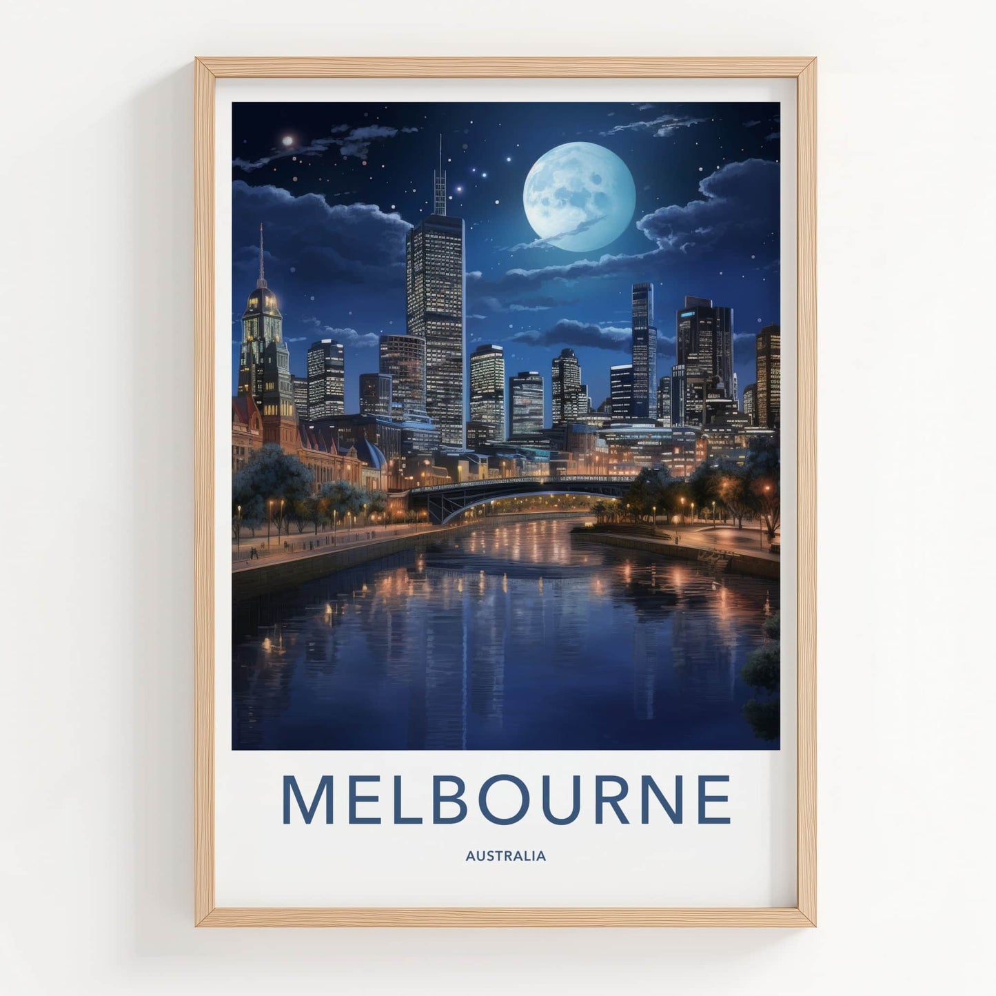 Melbourne Poster - Australia Art Print - Moonlit City River Home Decor