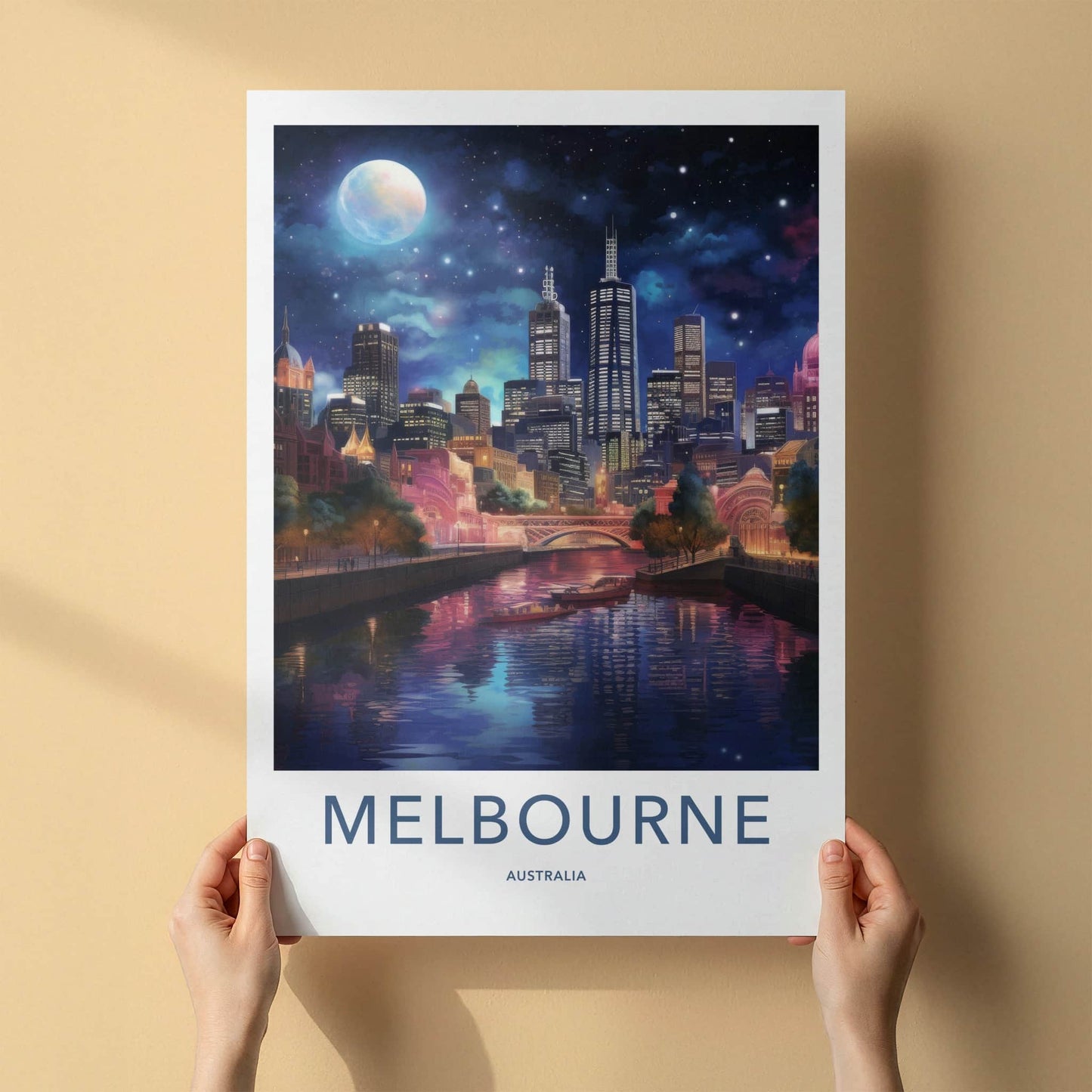 Melbourne Poster - Australia Travel Art - Moonlit City Reflection Home Decor