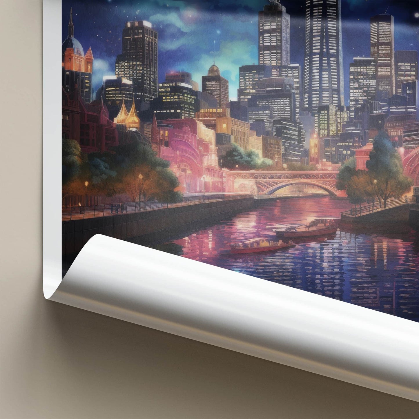 Melbourne Poster - Australia Travel Art - Moonlit City Reflection Home Decor