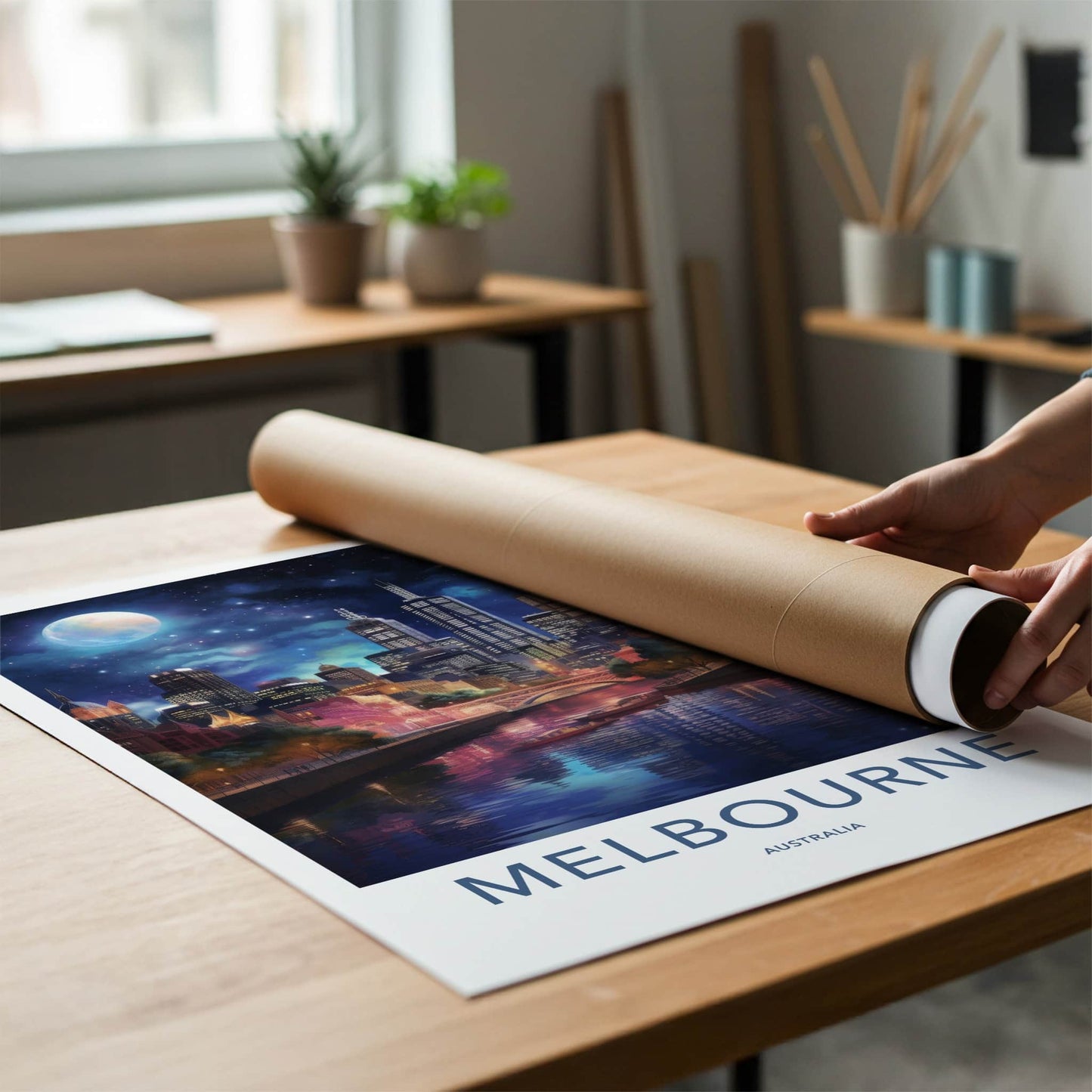 Melbourne Poster - Australia Travel Art - Moonlit City Reflection Home Decor
