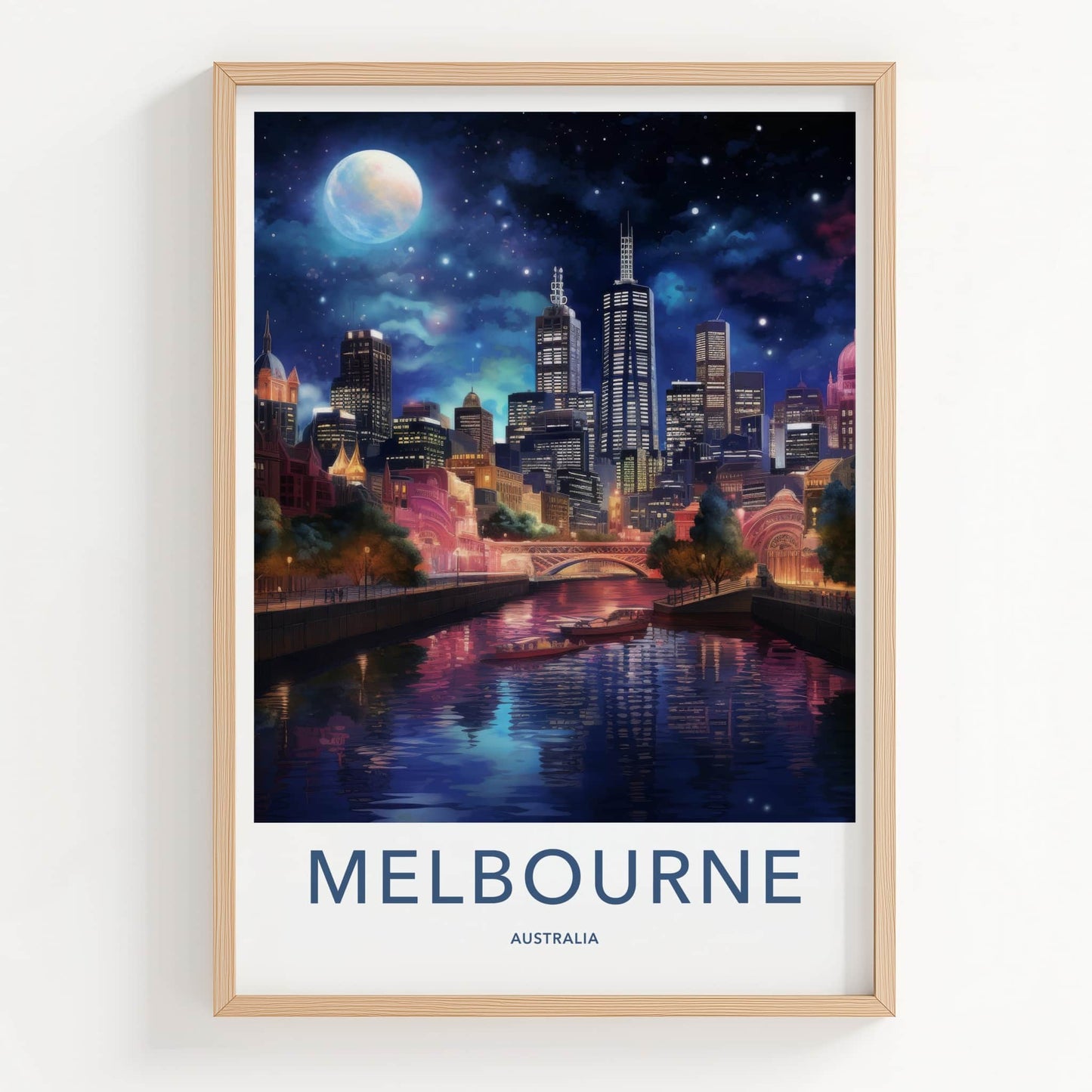 Melbourne Poster - Australia Travel Art - Moonlit City Reflection Home Decor
