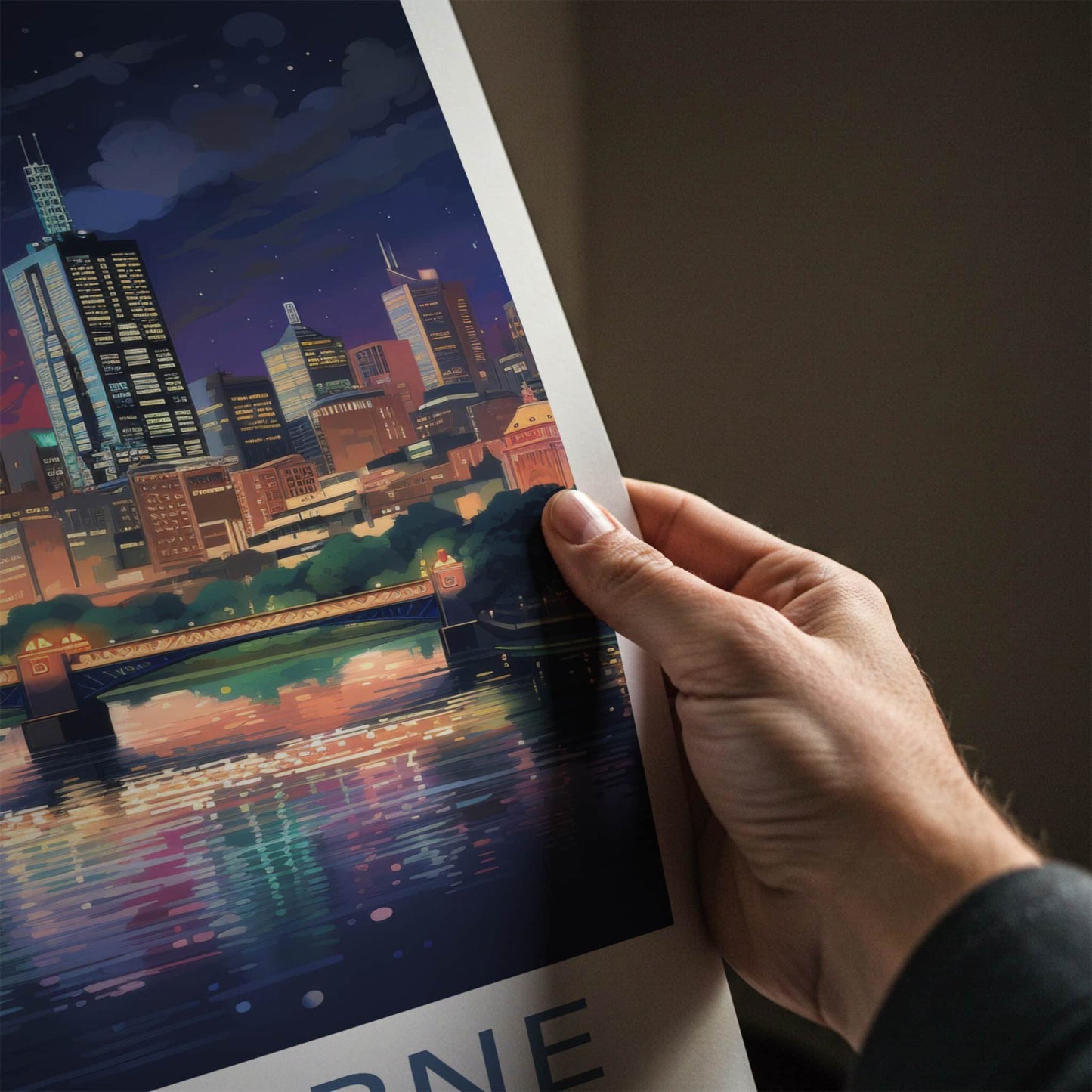 Melbourne Poster - Australia Travel Art - Moonlit City River Home Decor