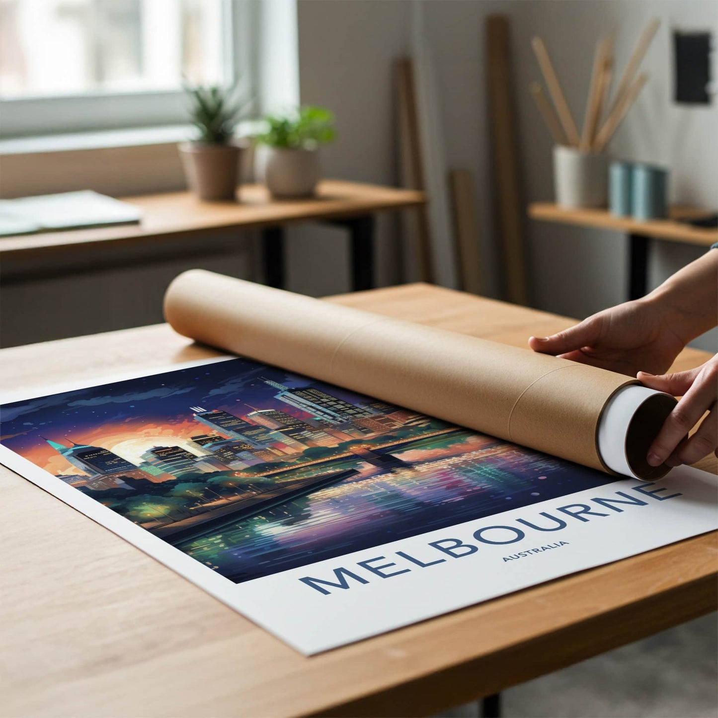 Melbourne Poster - Australia Travel Art - Moonlit City River Home Decor