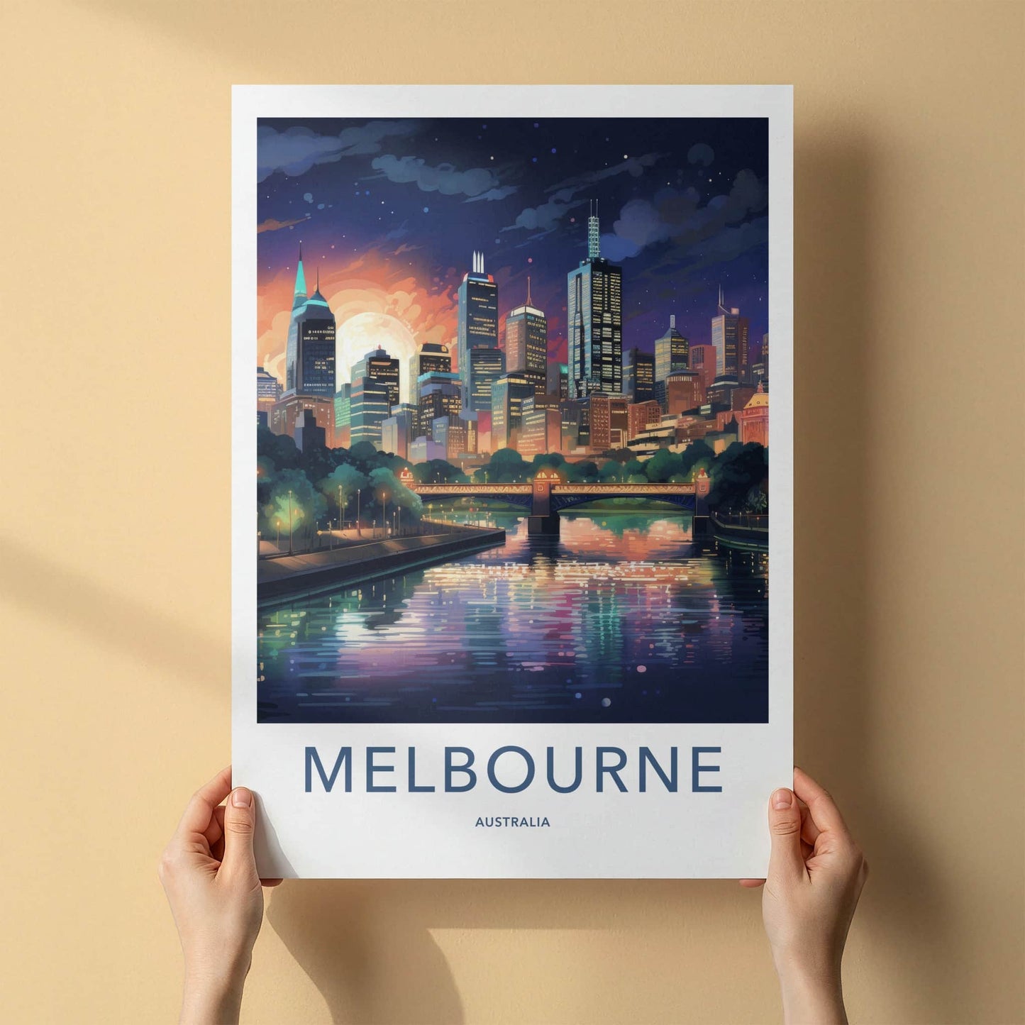 Melbourne Poster - Australia Travel Art - Moonlit City River Home Decor