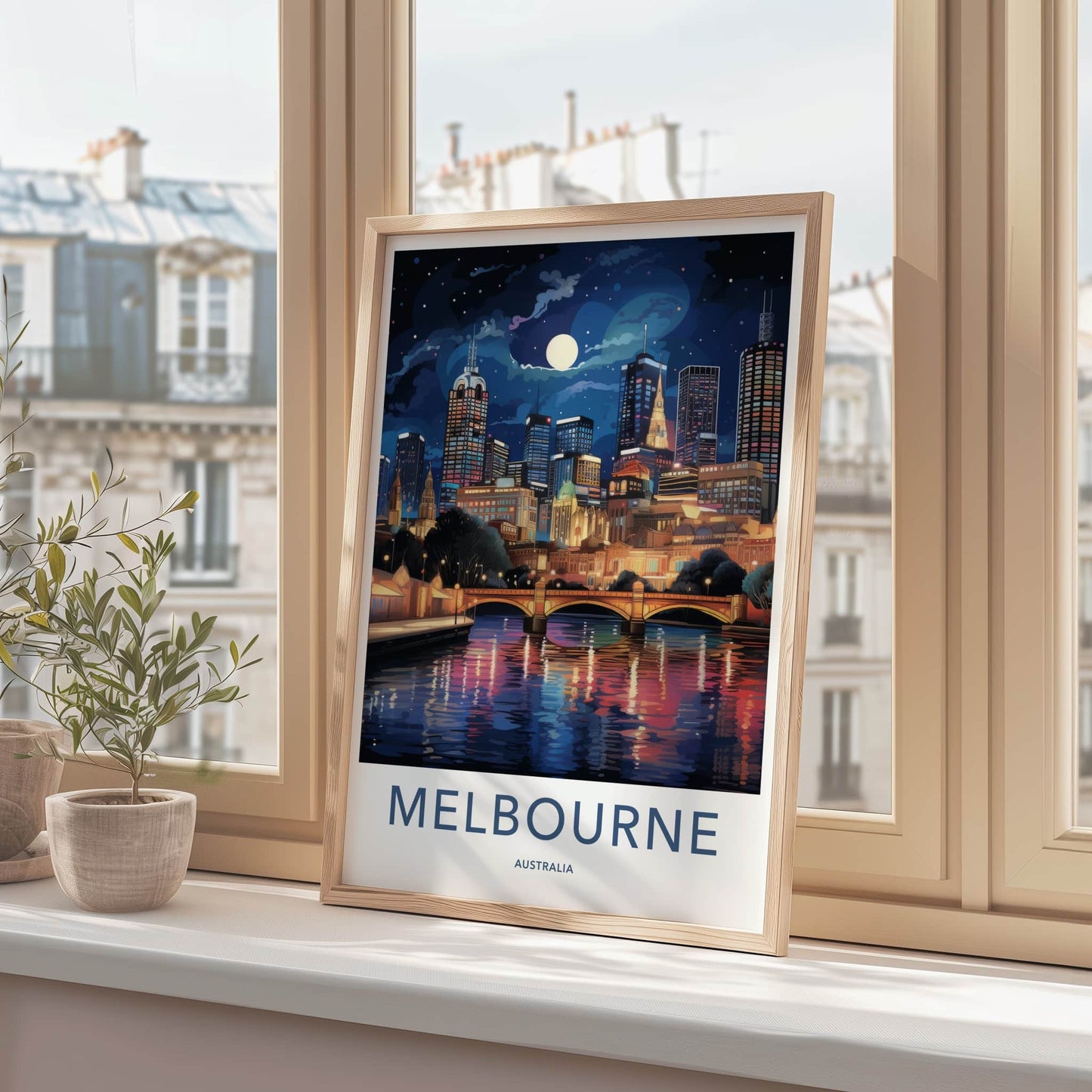 Melbourne Poster - Australia Travel Art - Moonlit River Reflections Home Decor