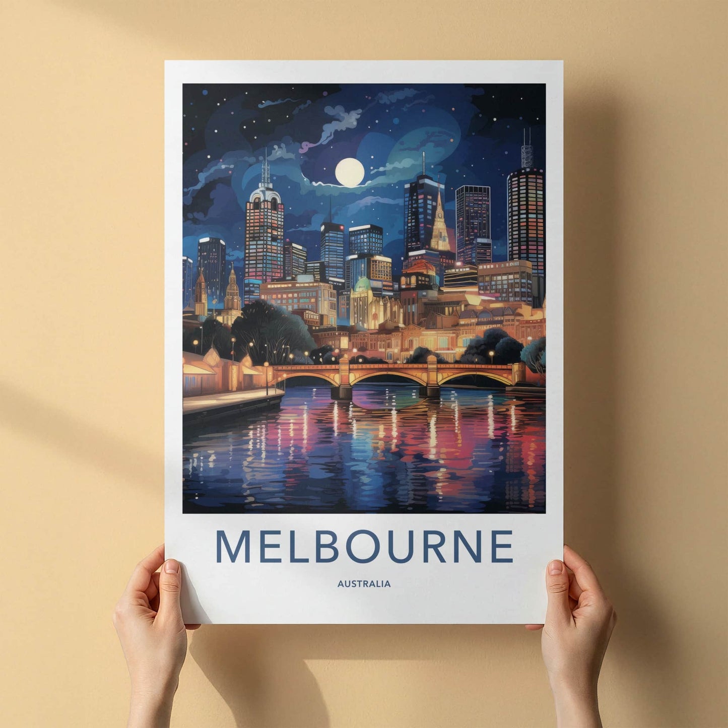 Melbourne Poster - Australia Travel Art - Moonlit River Reflections Home Decor