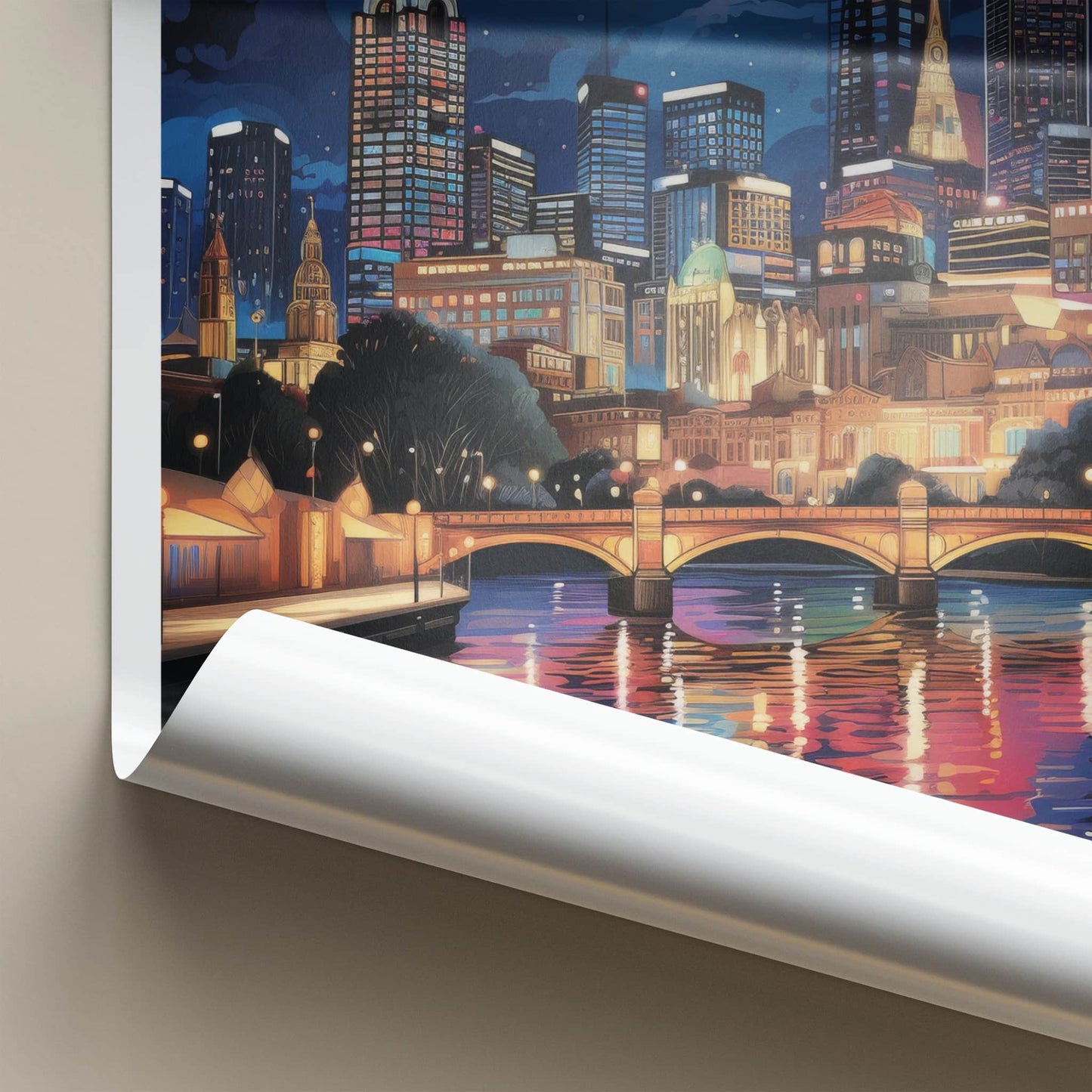 Melbourne Poster - Australia Travel Art - Moonlit River Reflections Home Decor