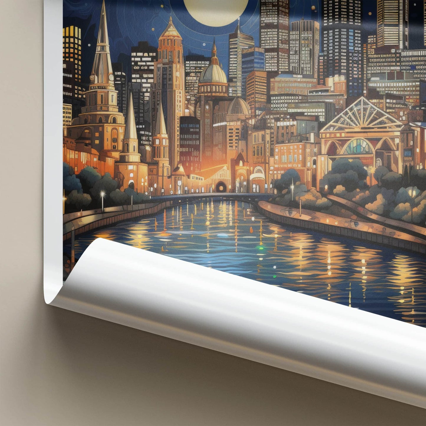 Melbourne Poster - Australia Wall Art - Moonlit City River Home Decor