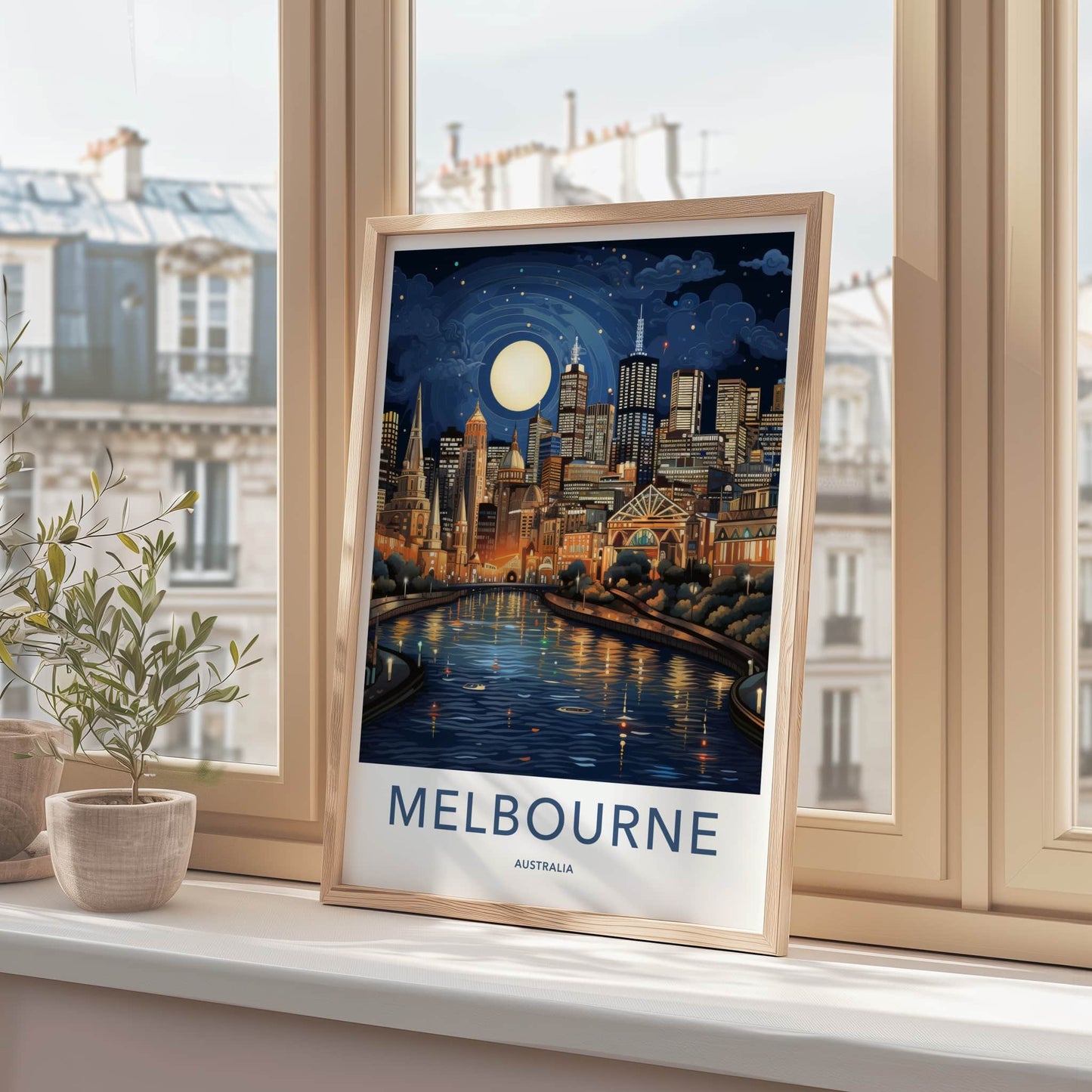 Melbourne Poster - Australia Wall Art - Moonlit City River Home Decor