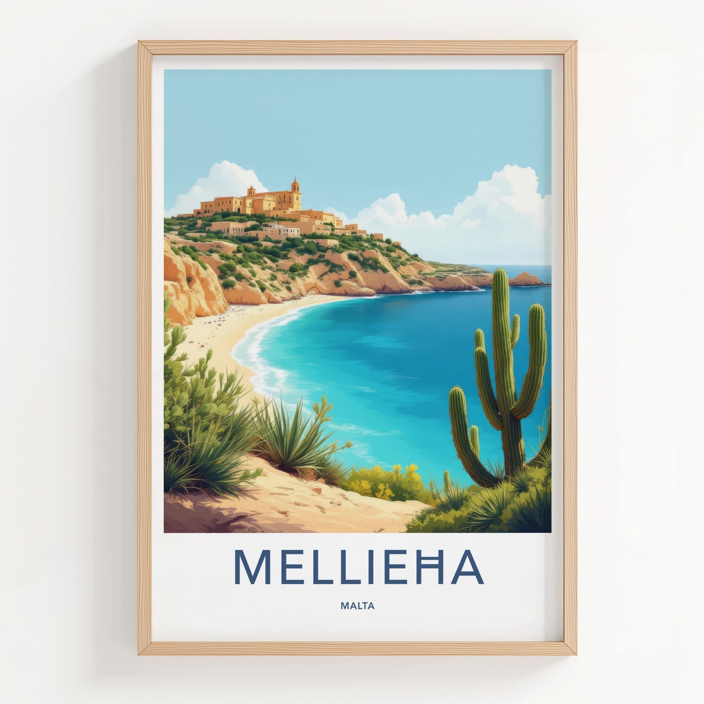 Mellieha Poster - Malta Travel Art - Coastal Hilltop Village Home Decor