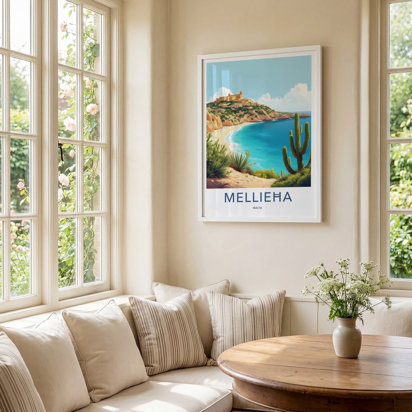 Mellieha Poster - Malta Travel Art - Coastal Hilltop Village Home Decor