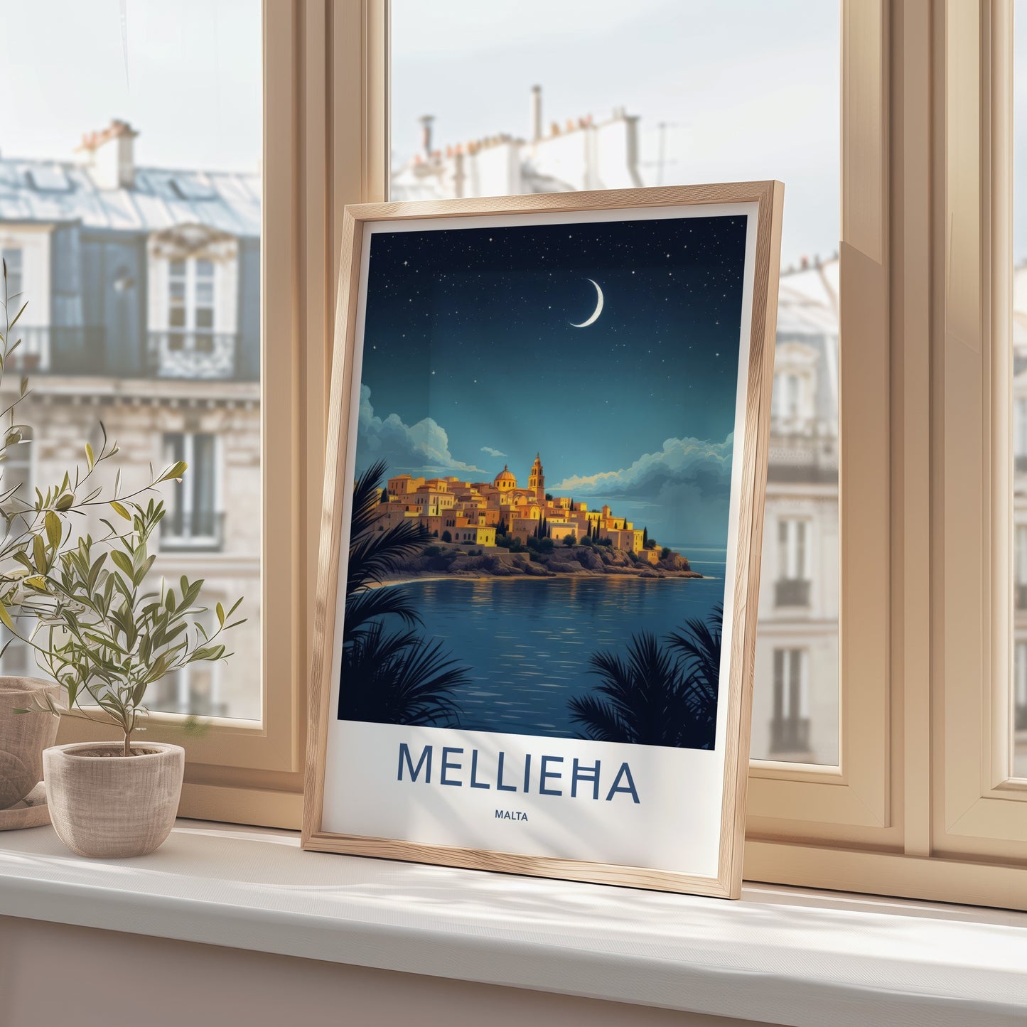 Mellieha Poster - Malta Travel Art - Coastal Town Moonlit Home Decor