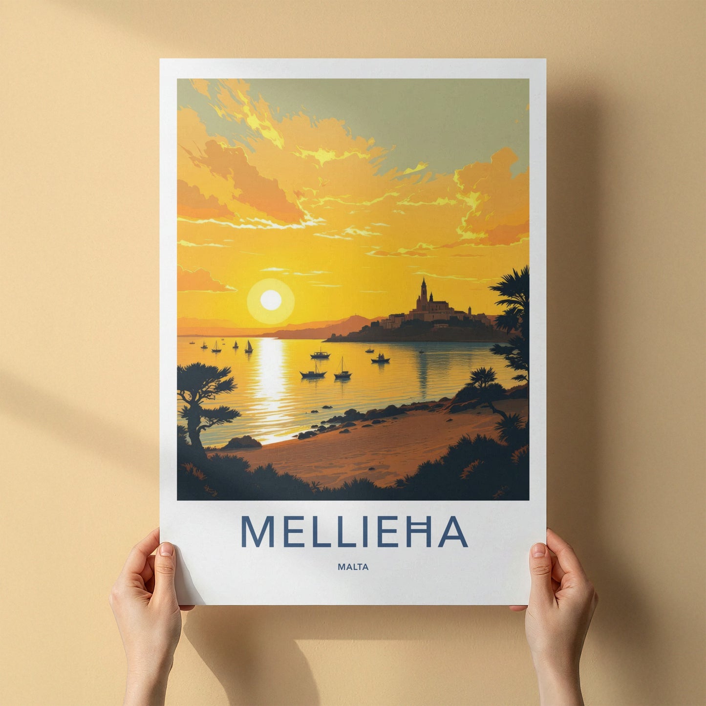 Mellieha Poster - Malta Travel Art - Golden Bay Sunset Home Decor