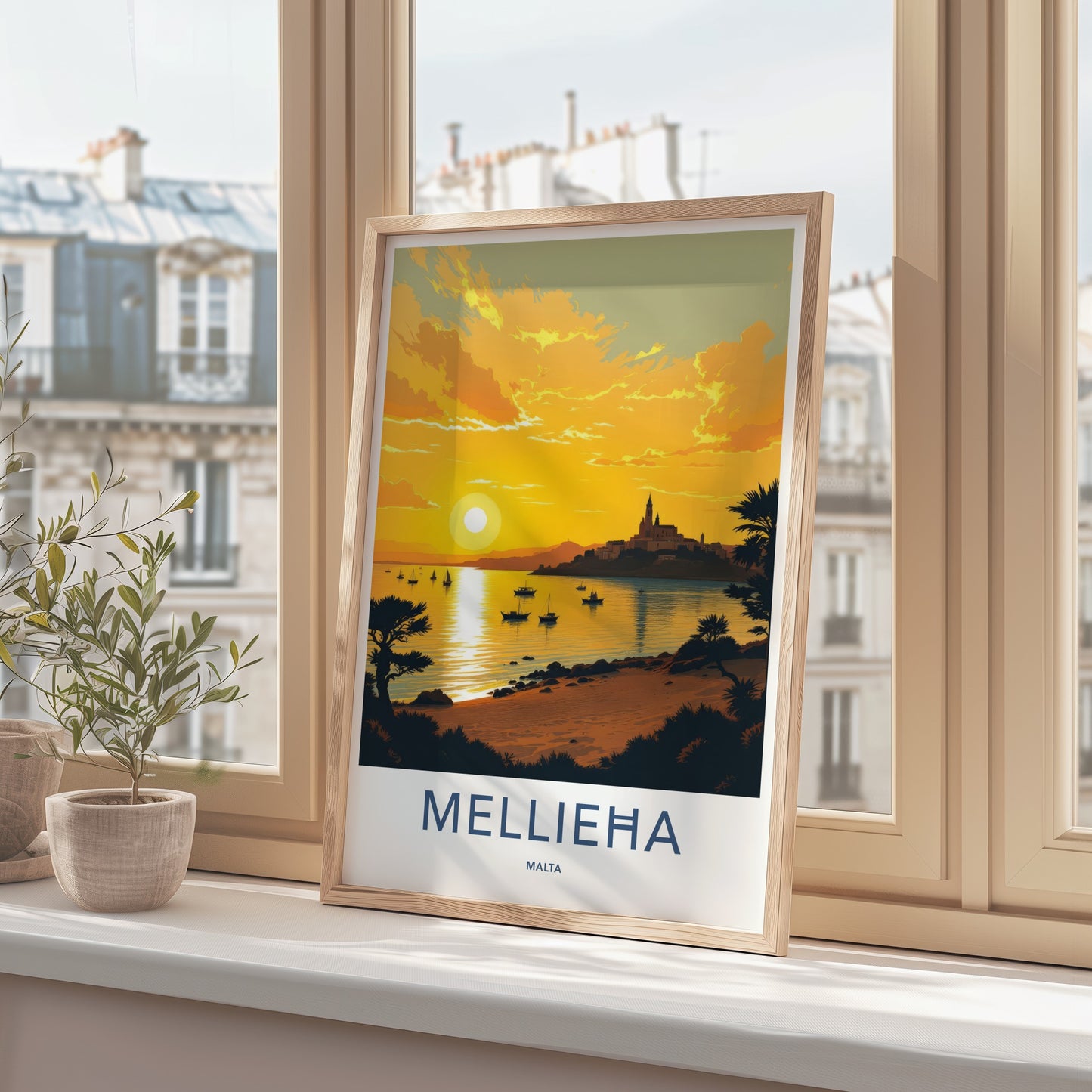 Mellieha Poster - Malta Travel Art - Golden Bay Sunset Home Decor