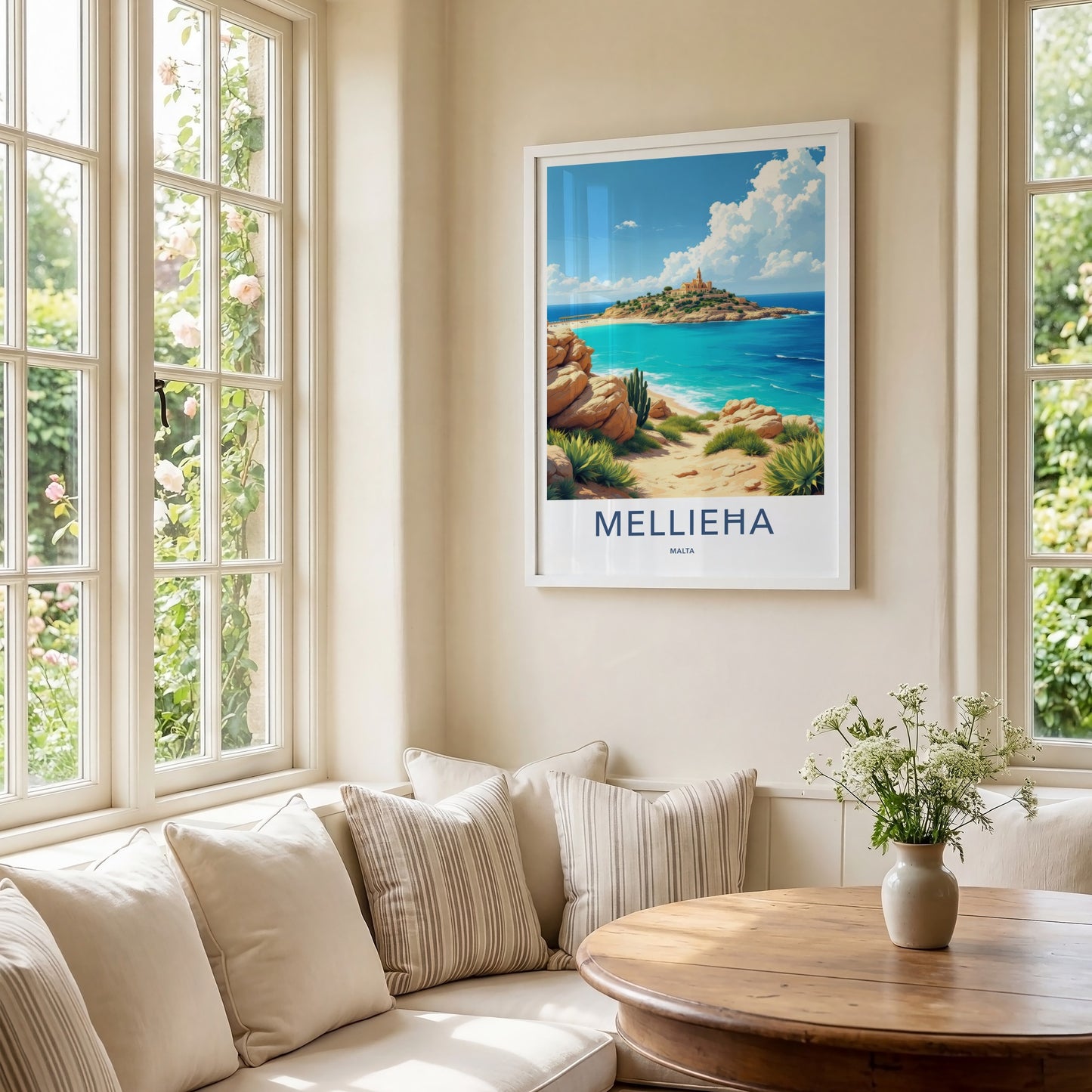 Mellieha Poster - Malta Travel Art - Island Church Blue Waters Wall Decor