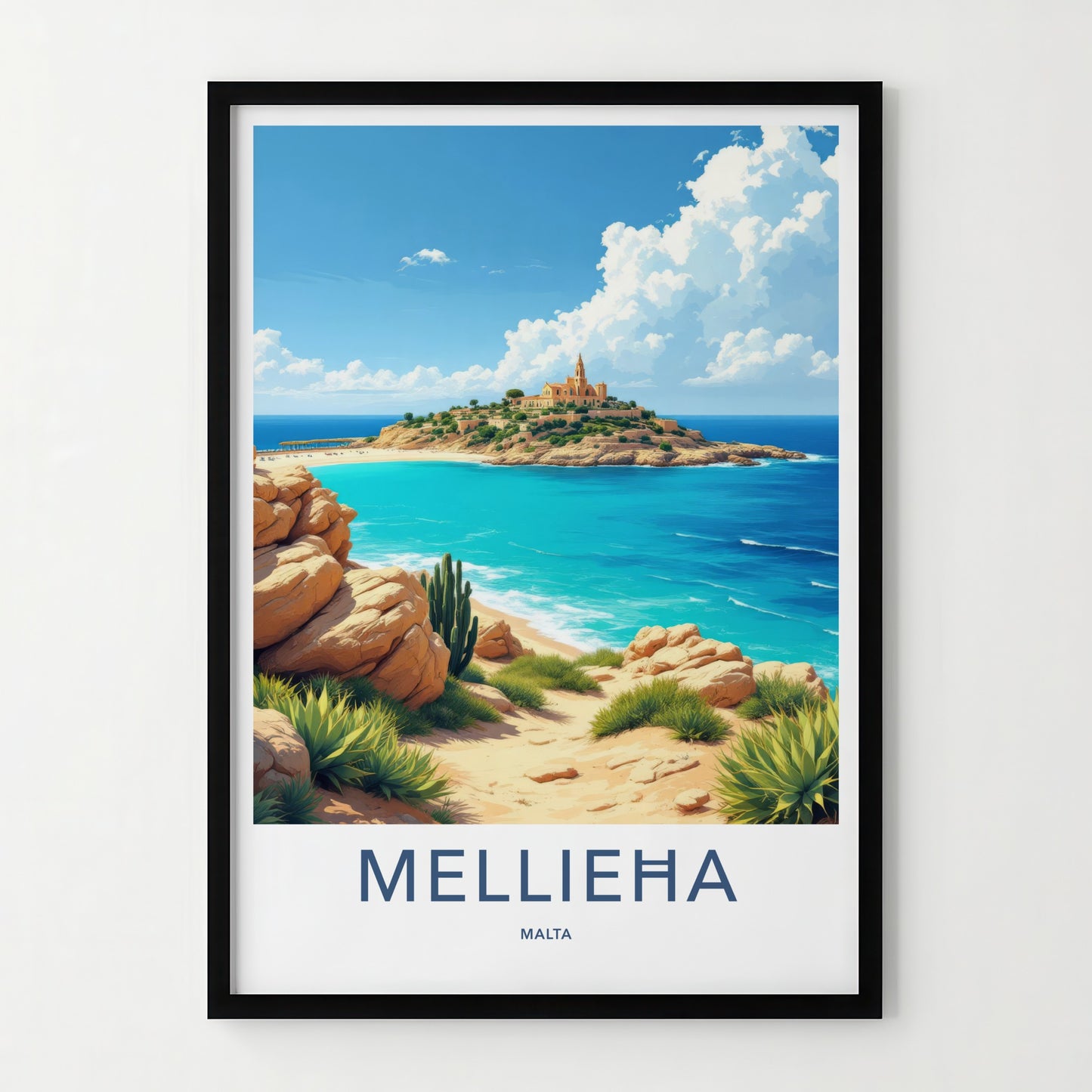 Mellieha Poster - Malta Travel Art - Island Church Blue Waters Wall Decor