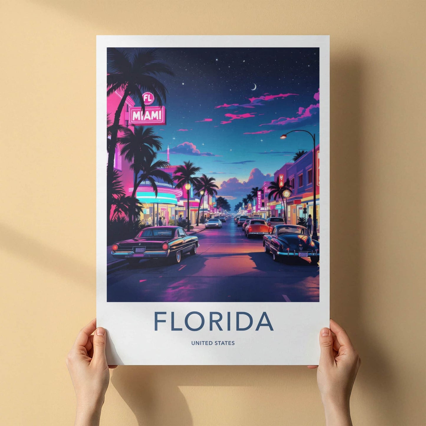 Miami Poster - Florida Travel Art - Palm Tree Lined Street Home Decor