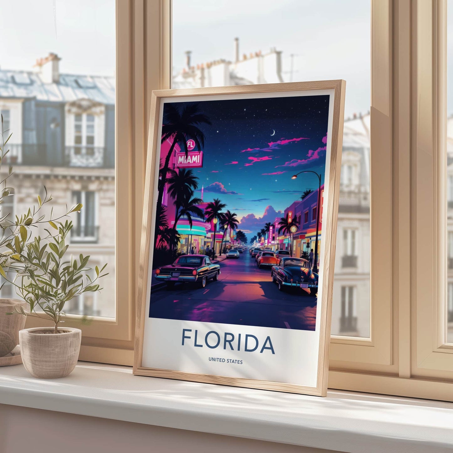 Miami Poster - Florida Travel Art - Palm Tree Lined Street Home Decor